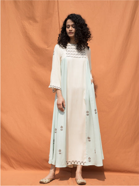 The Essaouira- Off White & Mint Blue Block Printed Maxi Dress-4