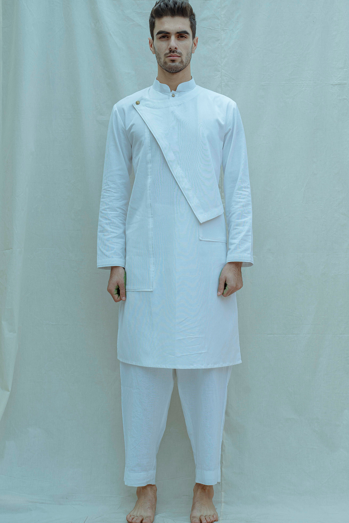 Cotton X Linen Overlap Kurta in White-0