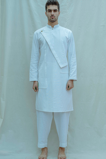 Cotton X Linen Overlap Kurta in White-0