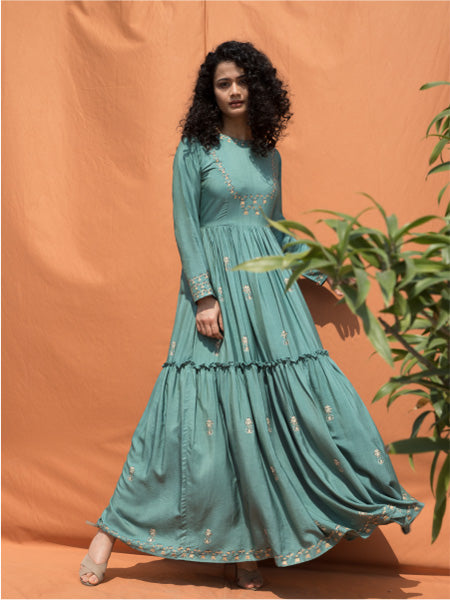 Teal Blue Block Printed Floor Length Dress-1