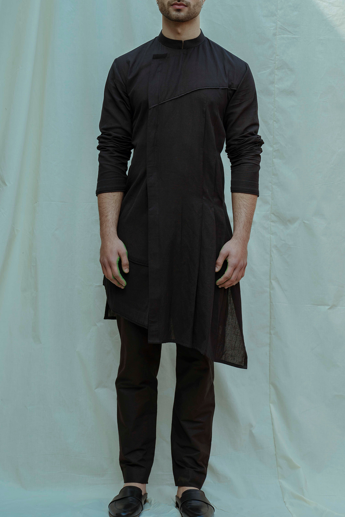 Cotton X Linen Black Asymmetry Pleated Kurta with Pant Set-0