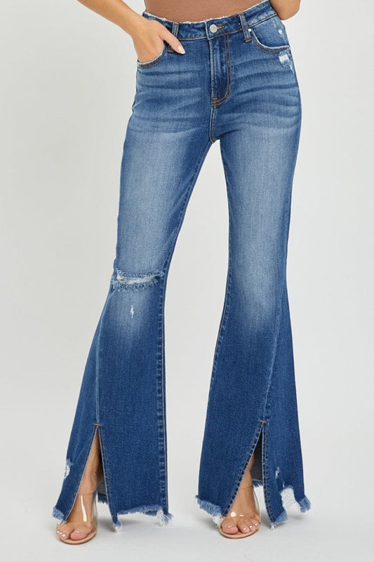 RISEN Full Size High Rise Front Slit Frayed Hem Flare Jeans-0