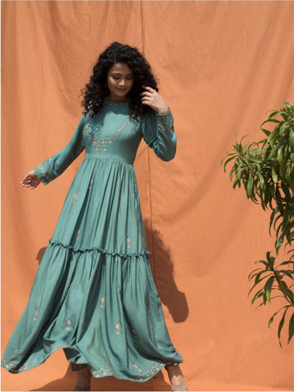 Teal Blue Block Printed Floor Length Dress-4