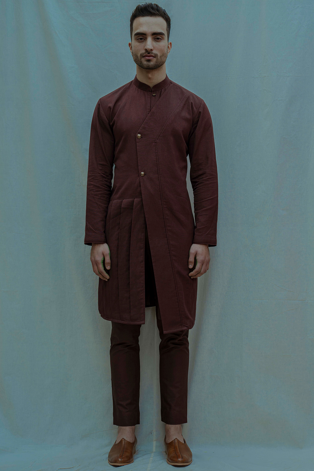 Warrior - Brown Asymmetry Pleated Kurta with Pant Set-0