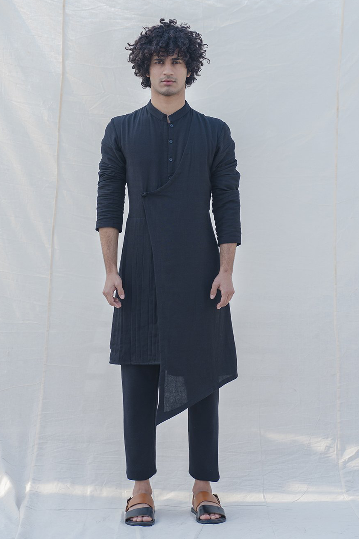 Cotton X Linen Black Aysmmetric Pleated Kurta Set-0