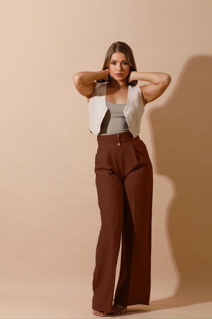 High Waist Linen-Blend Pants - Brown-3