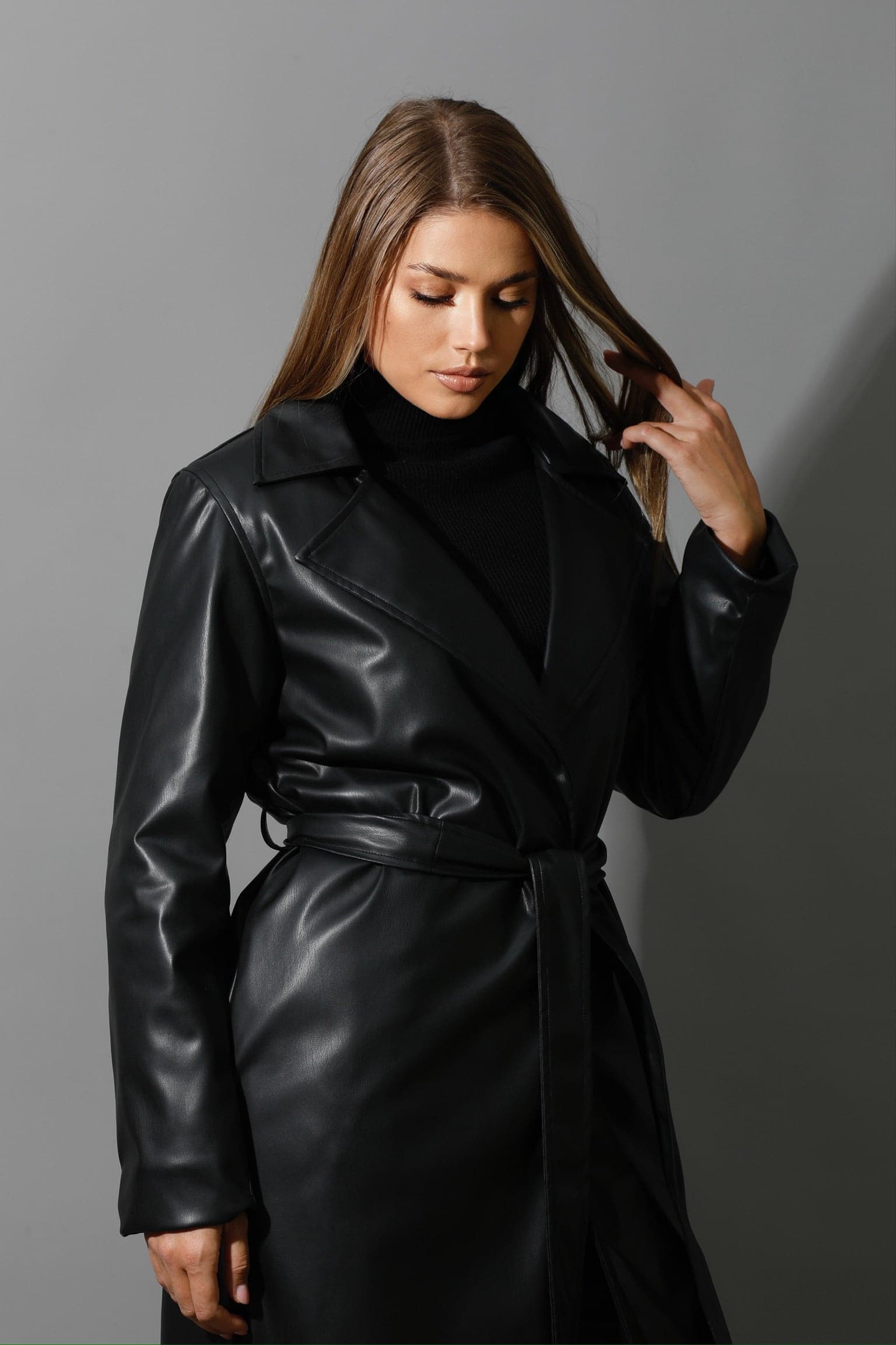 Leather Long Coat - Black-3