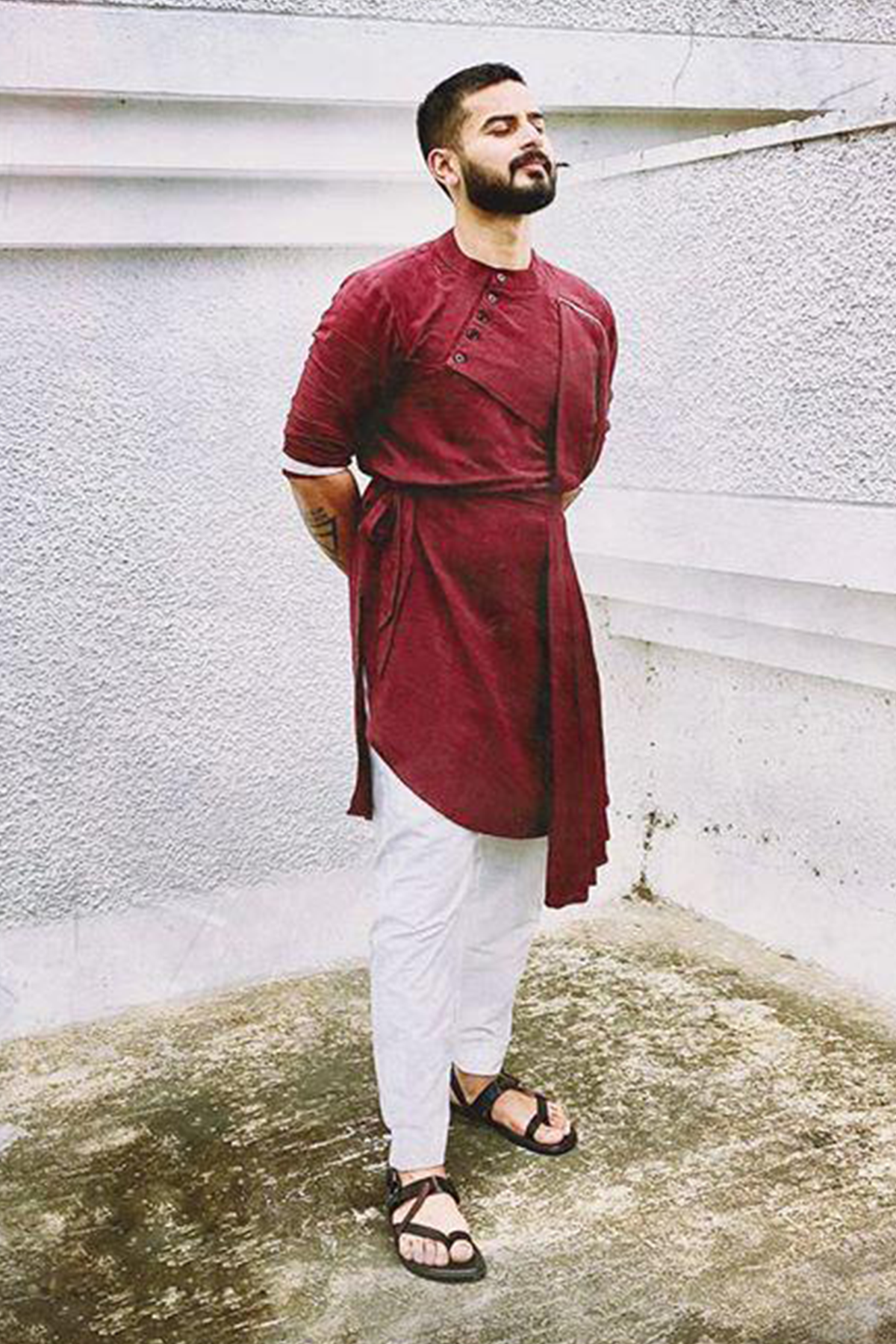 Vivek Tripathi - Wine Kurta With Off White Pant Set-0