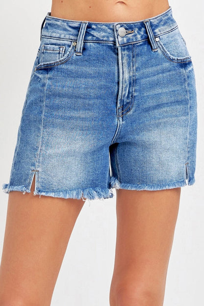 RISEN Front Slit Raw Hem Denim Shorts-0