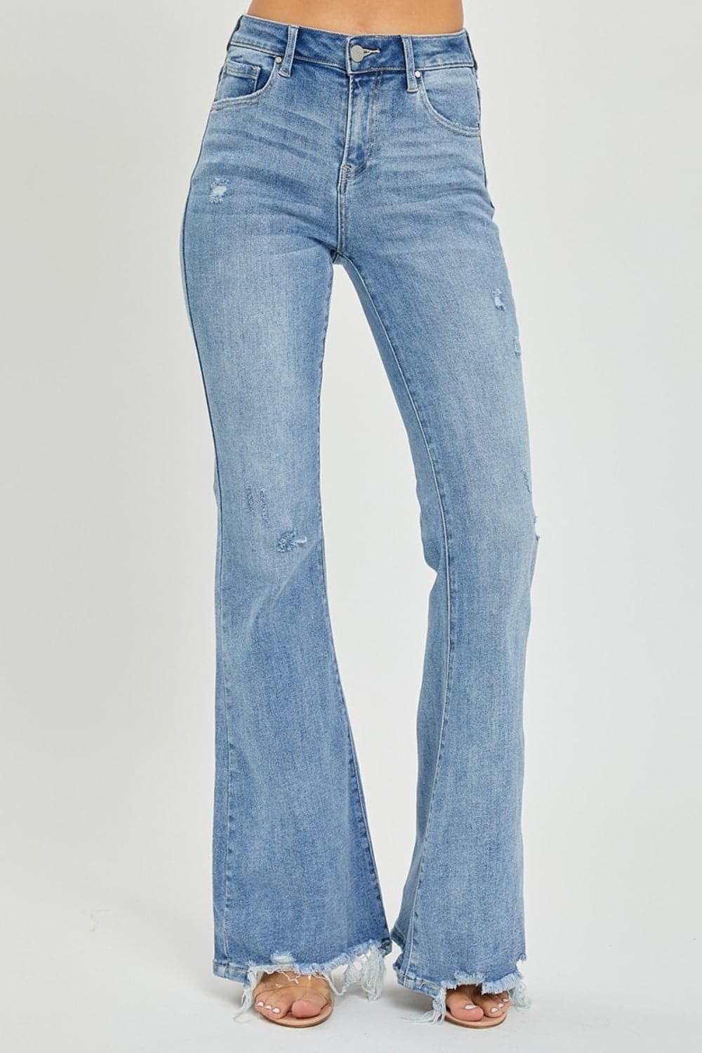 Risen Full Size High Rise Frayed Hem Flare Jeans-0