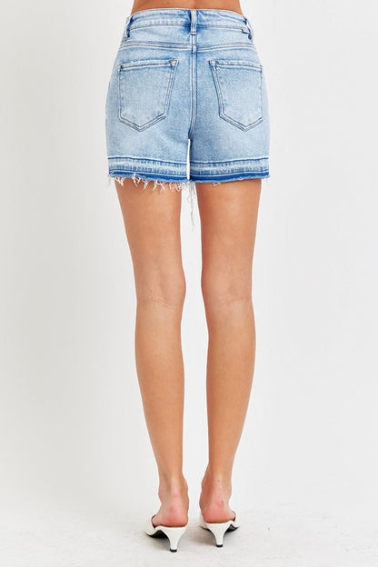 RISEN High Rise Distressed Hem Denim Shorts-1