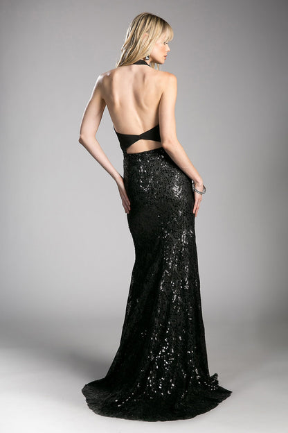 Fitted Sequin Gown with Halter Neckline-1