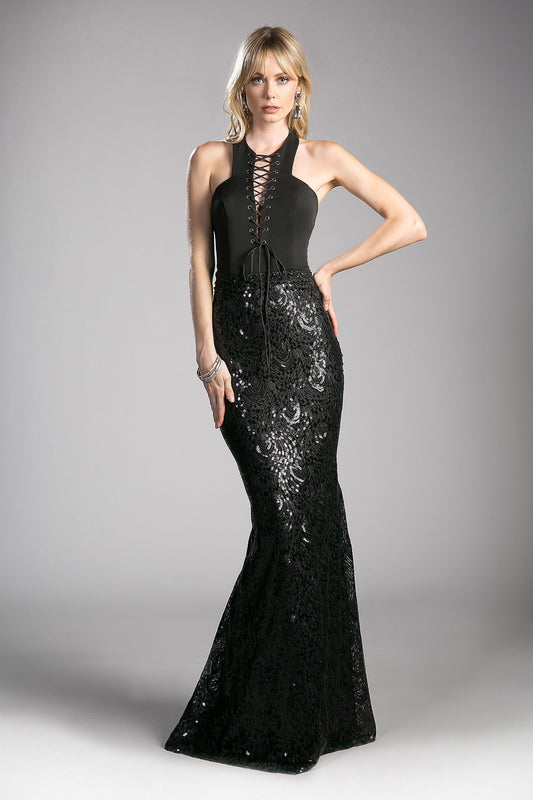 Fitted Sequin Gown with Halter Neckline-0