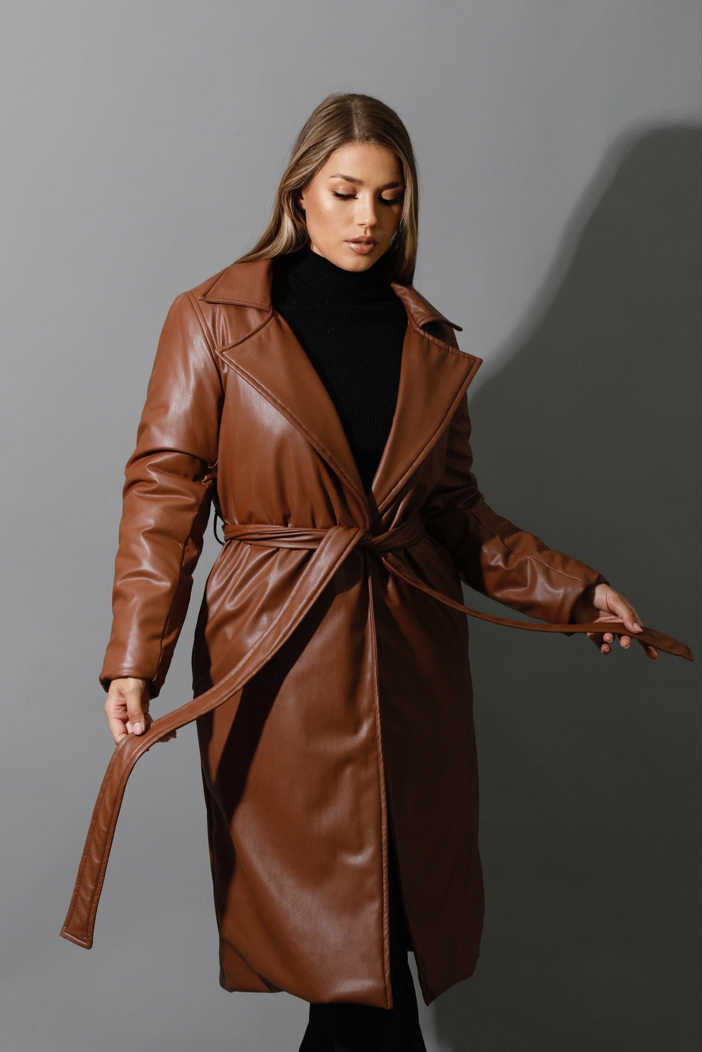 Leather Long Coat - Brown-2