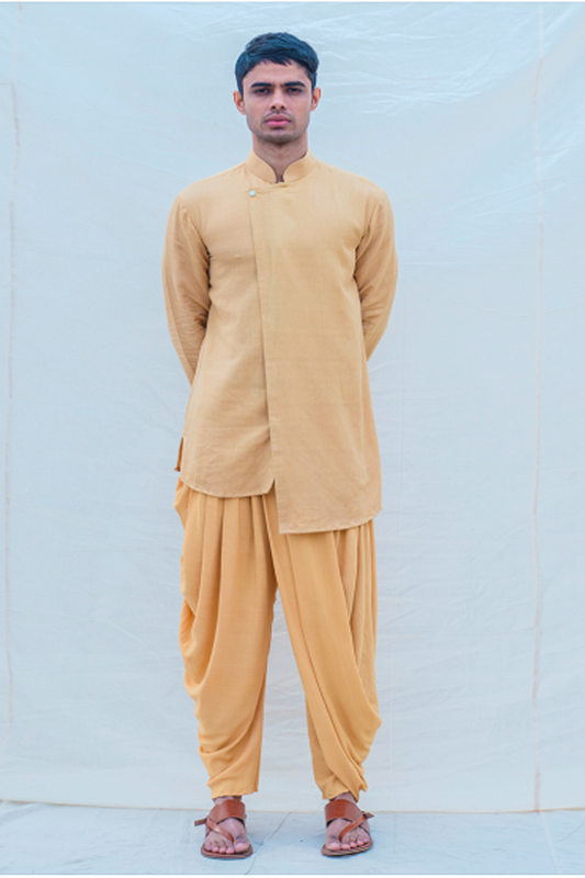 Beige Gold Kurta and Dhoti Set-0