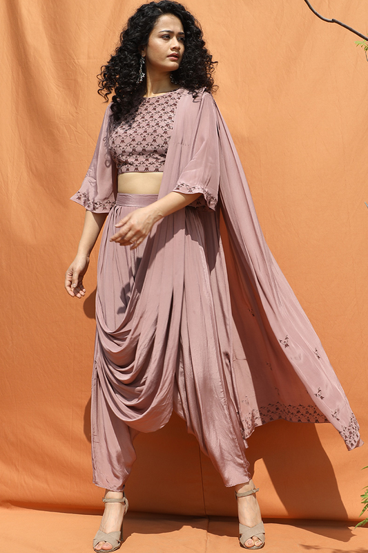 Indo- Western Mauve Block Printed Sari-0