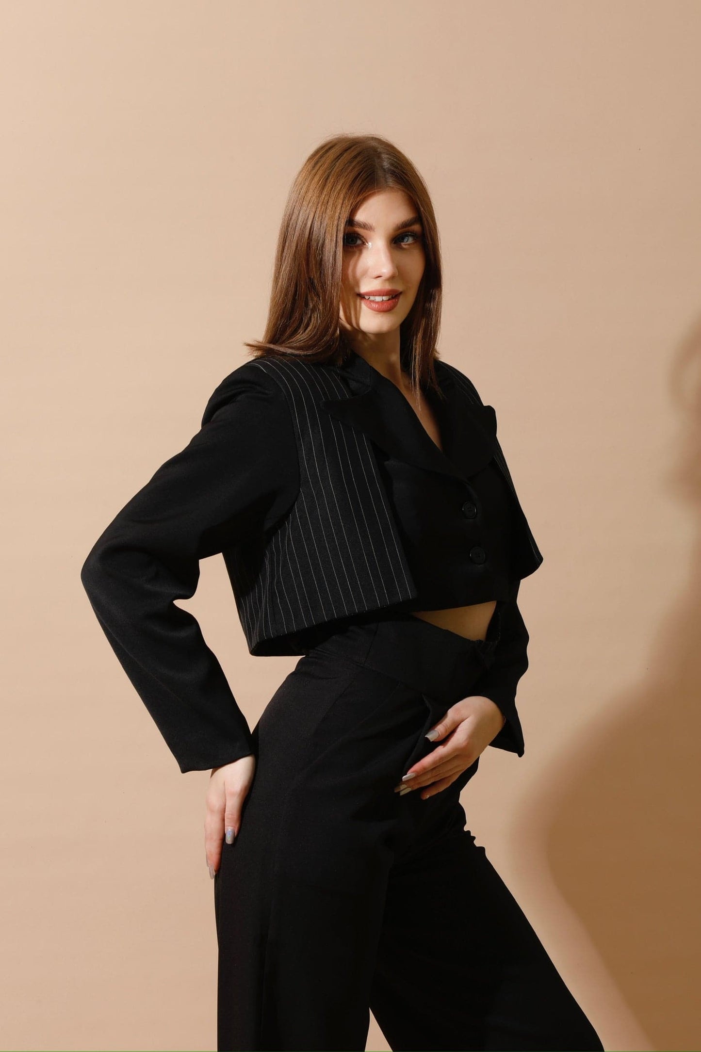 Cropped Pinstriped Blazer - Black-3