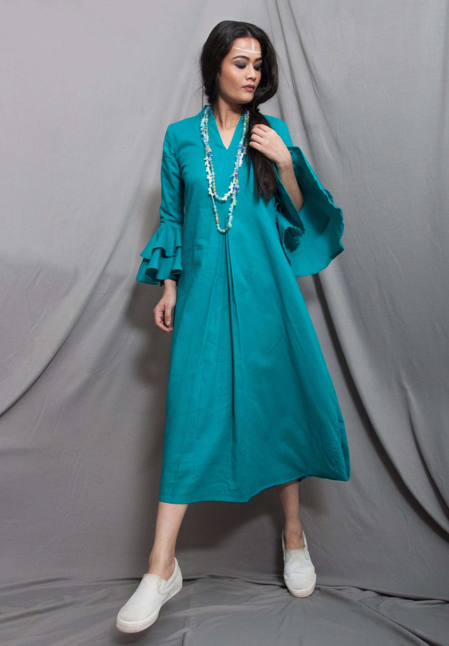 Essence- Turquoise Blue Cowl Dress With Necklace & Bell Sleeve-0