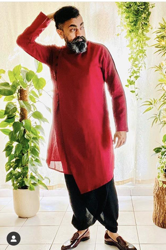 Praful Makwana - Wine Kurta With Black Tulip Pant Set-0