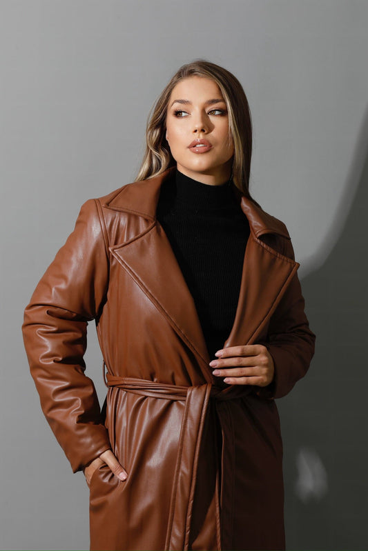 Leather Long Coat - Brown-0