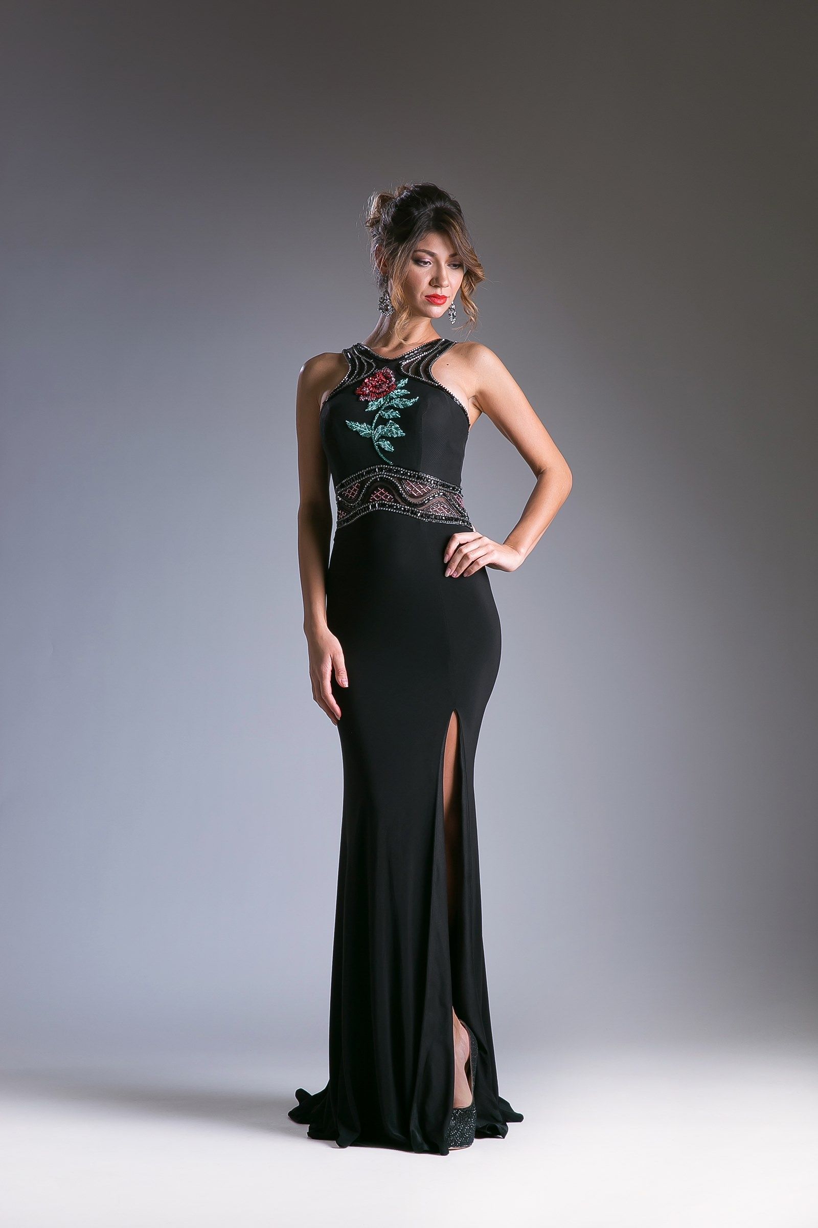 Beaded Sateen Empire Waist Gown-0