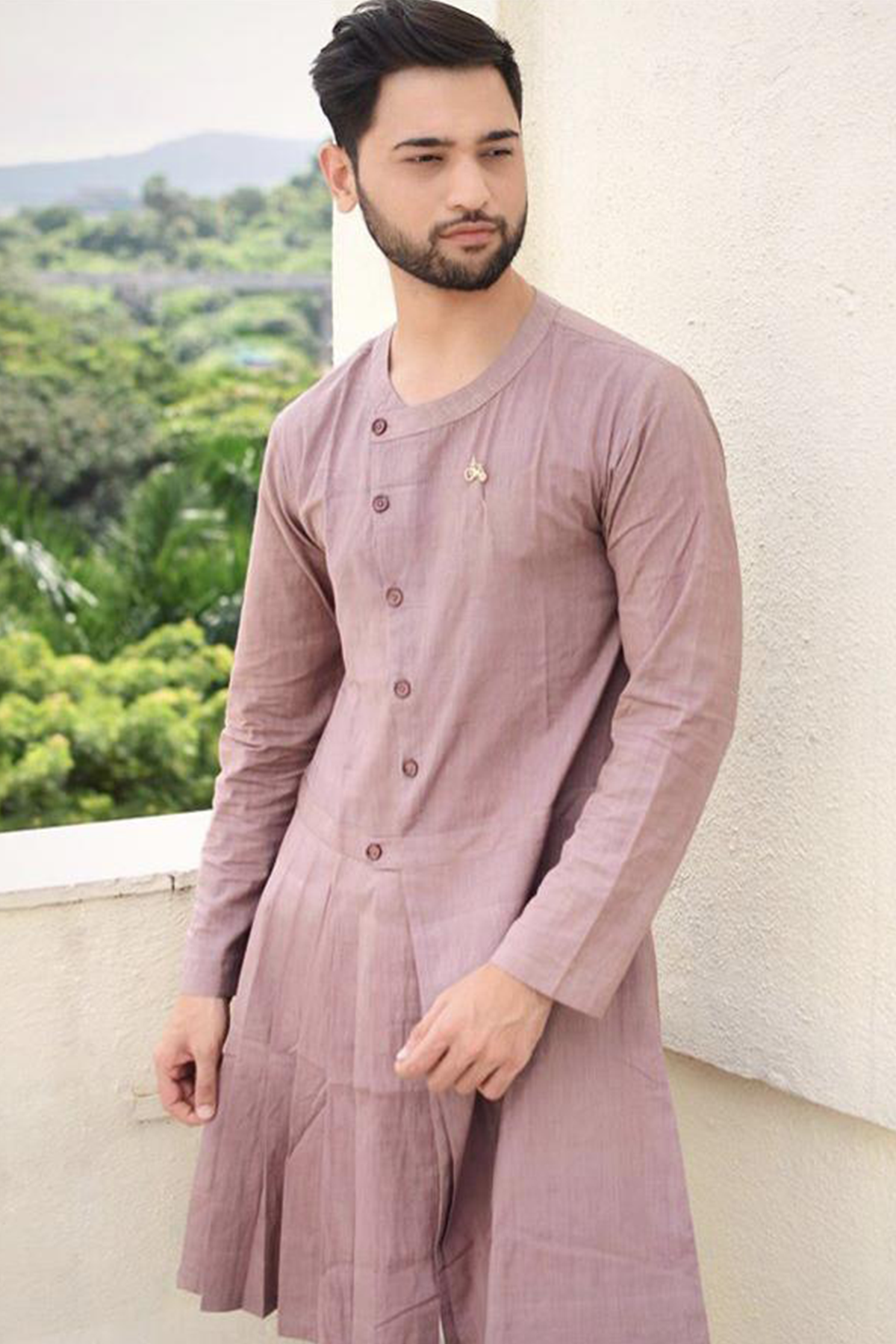 Vora Sahab - Mauve Kurta with Off-White pant Set-1