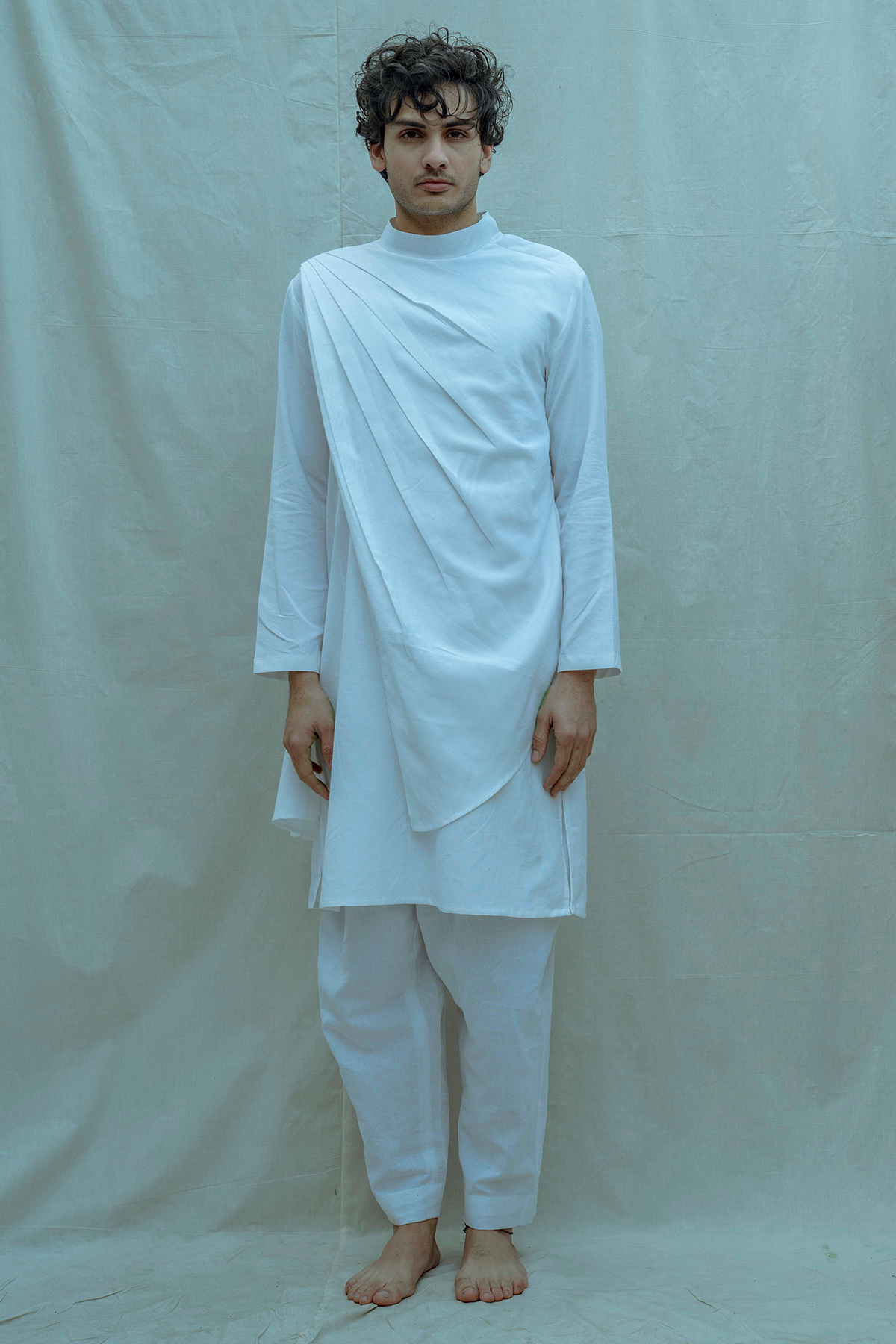 Cotton X Linen White Back Pleated Kurta-0