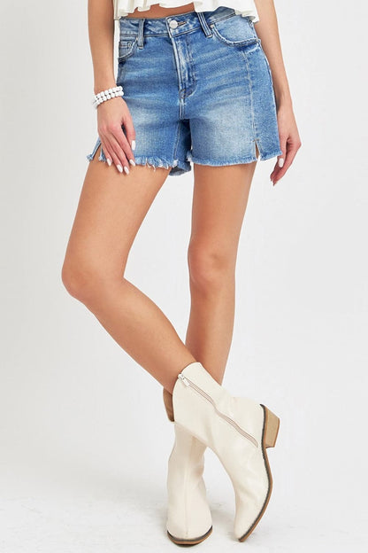 RISEN Front Slit Raw Hem Denim Shorts-3