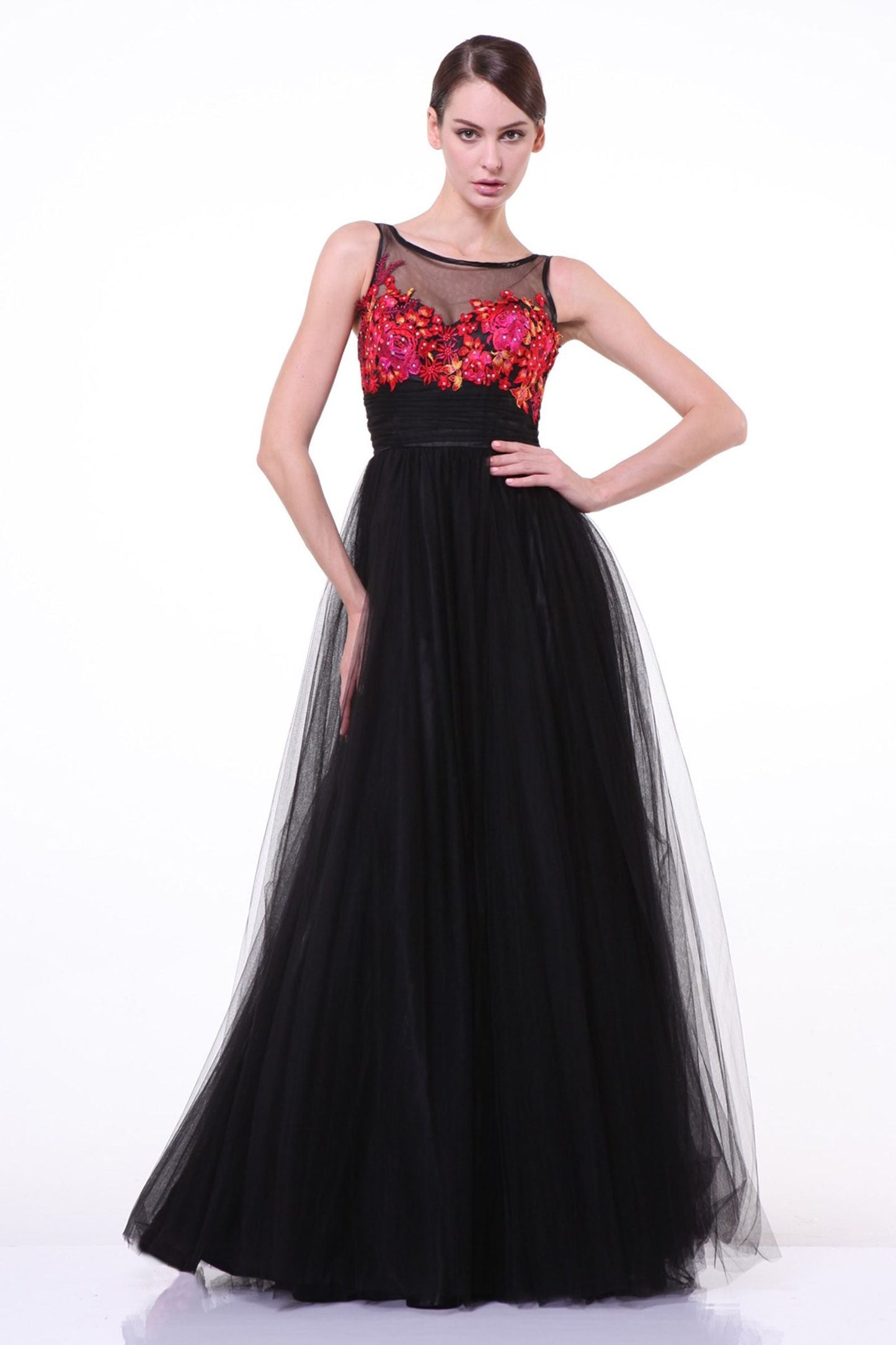 A-line dress with round illusion neckline and 3D flowers-0