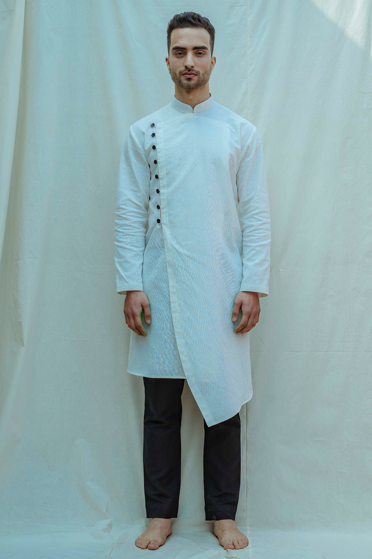 Cotton X Linen White Overlapped Kurta Set-0