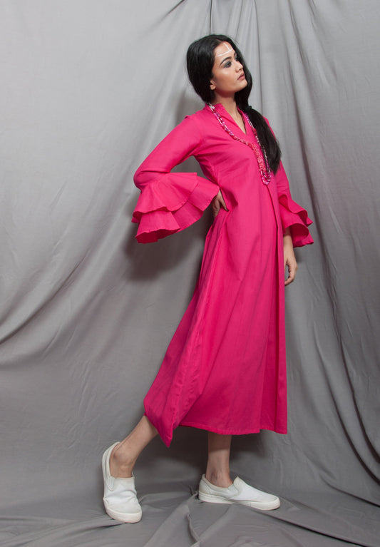 Dust - Hot Pink Long Cowl Dress With Bell Sleeves-0