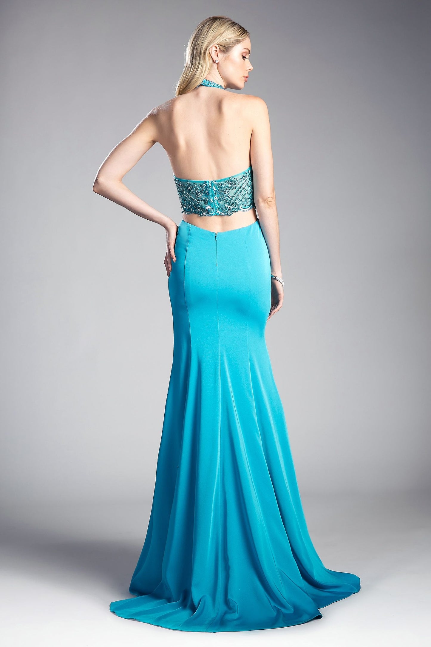 Fitted Stretch Jersey Gown with Halter Neckline and Cut Outs-1