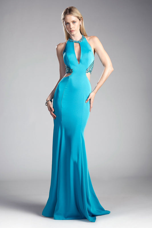 Fitted Stretch Jersey Gown with Halter Neckline and Cut Outs-0