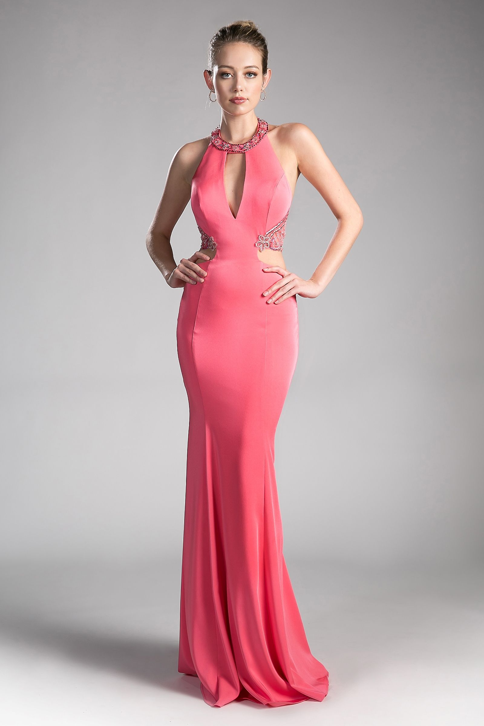 Fitted Stretch Jersey Gown with Halter Neckline and Cut Outs-2