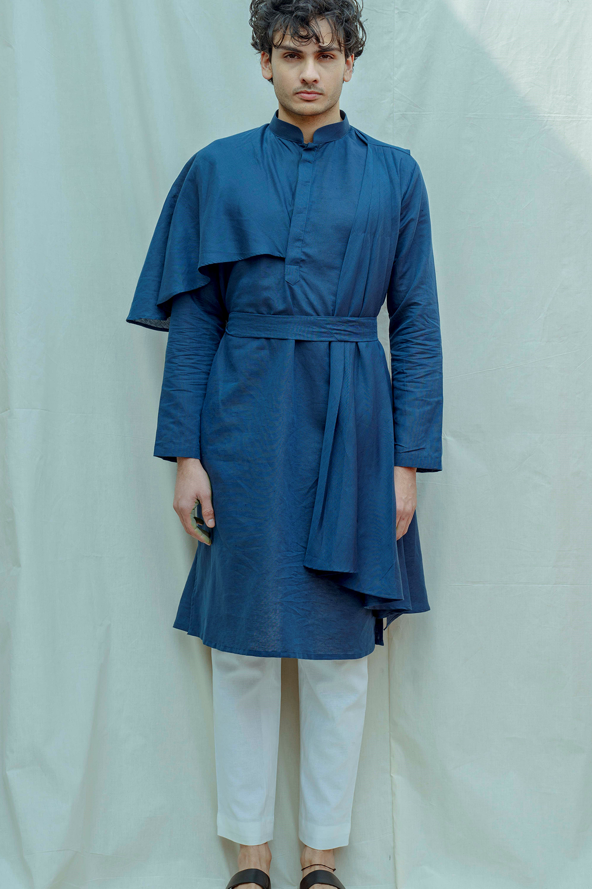 Cotton X Linen Blue Cape Style Kurta Set-0