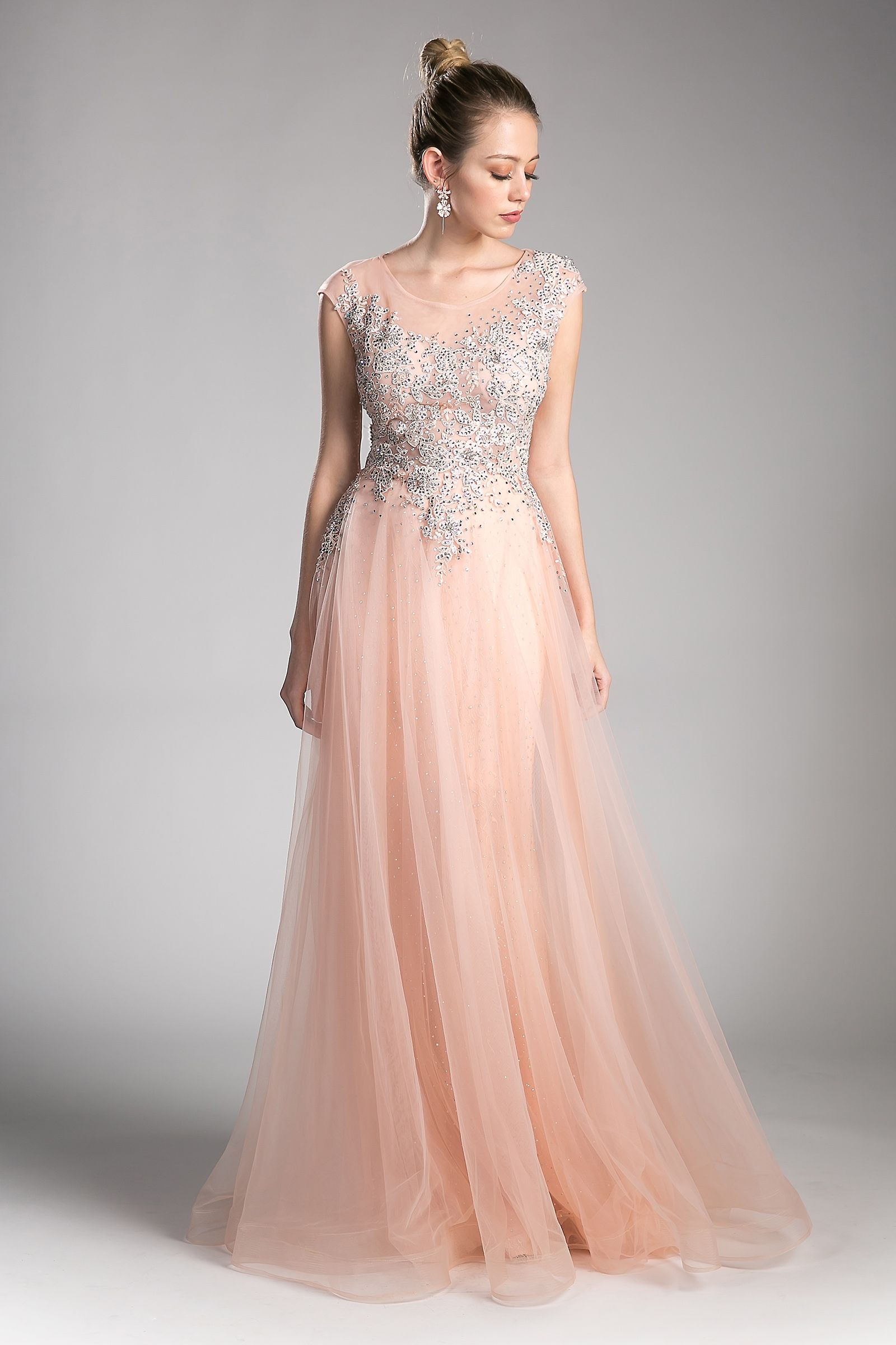 A-line tulle dress with beaded cap sleeve bodice and illusion back-0