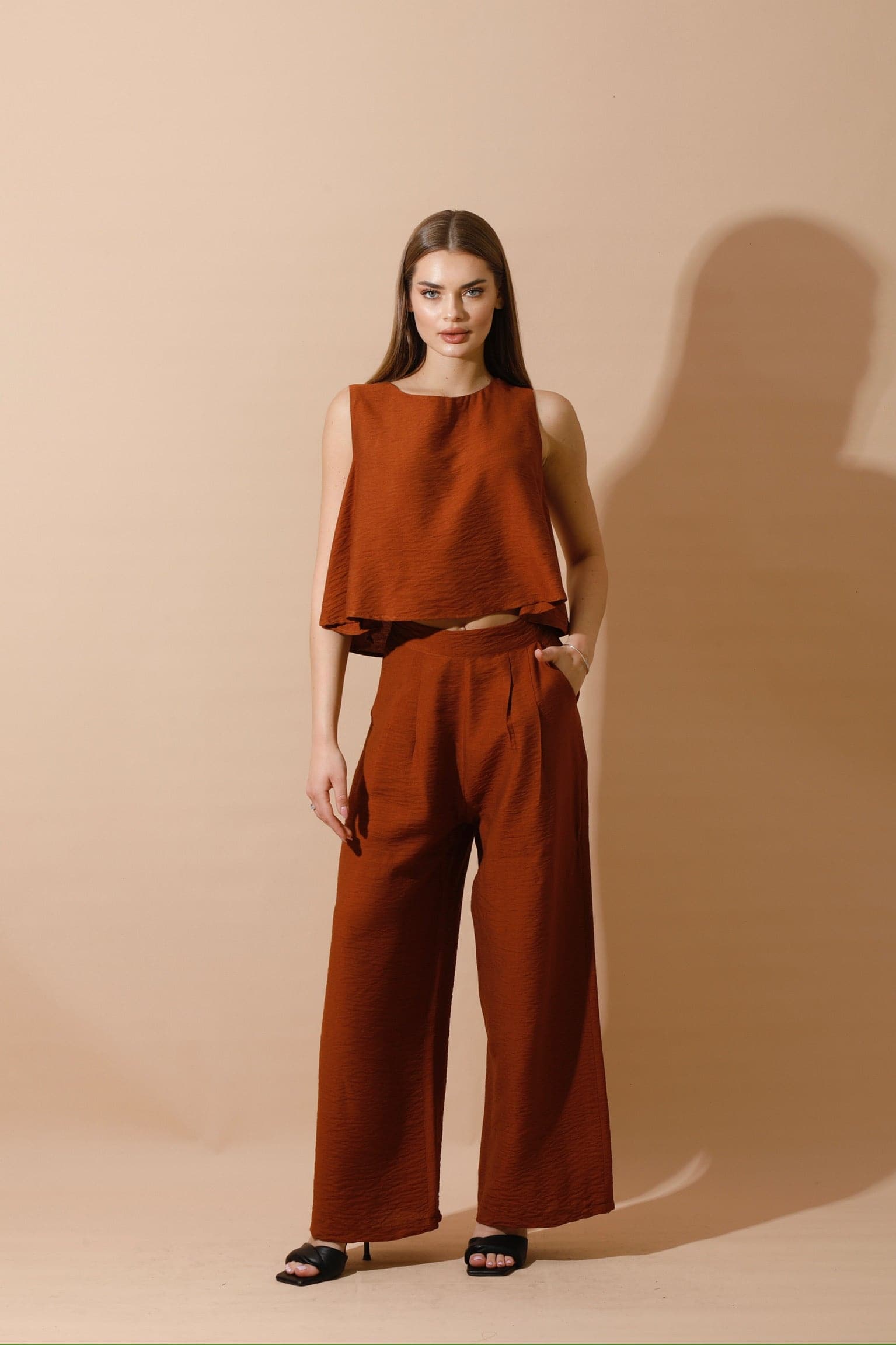 Linen-Blend Sleeveless Tank Top & Wide Leg Trouser Pant - Brown-3