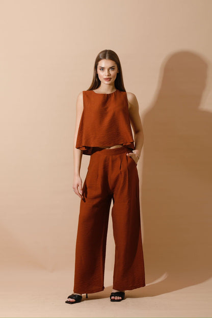 Linen-Blend Sleeveless Tank Top & Wide Leg Trouser Pant - Brown-3