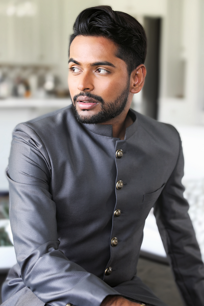 Aditya Madiraju In Our - Grey Self Textured Achkan set-2