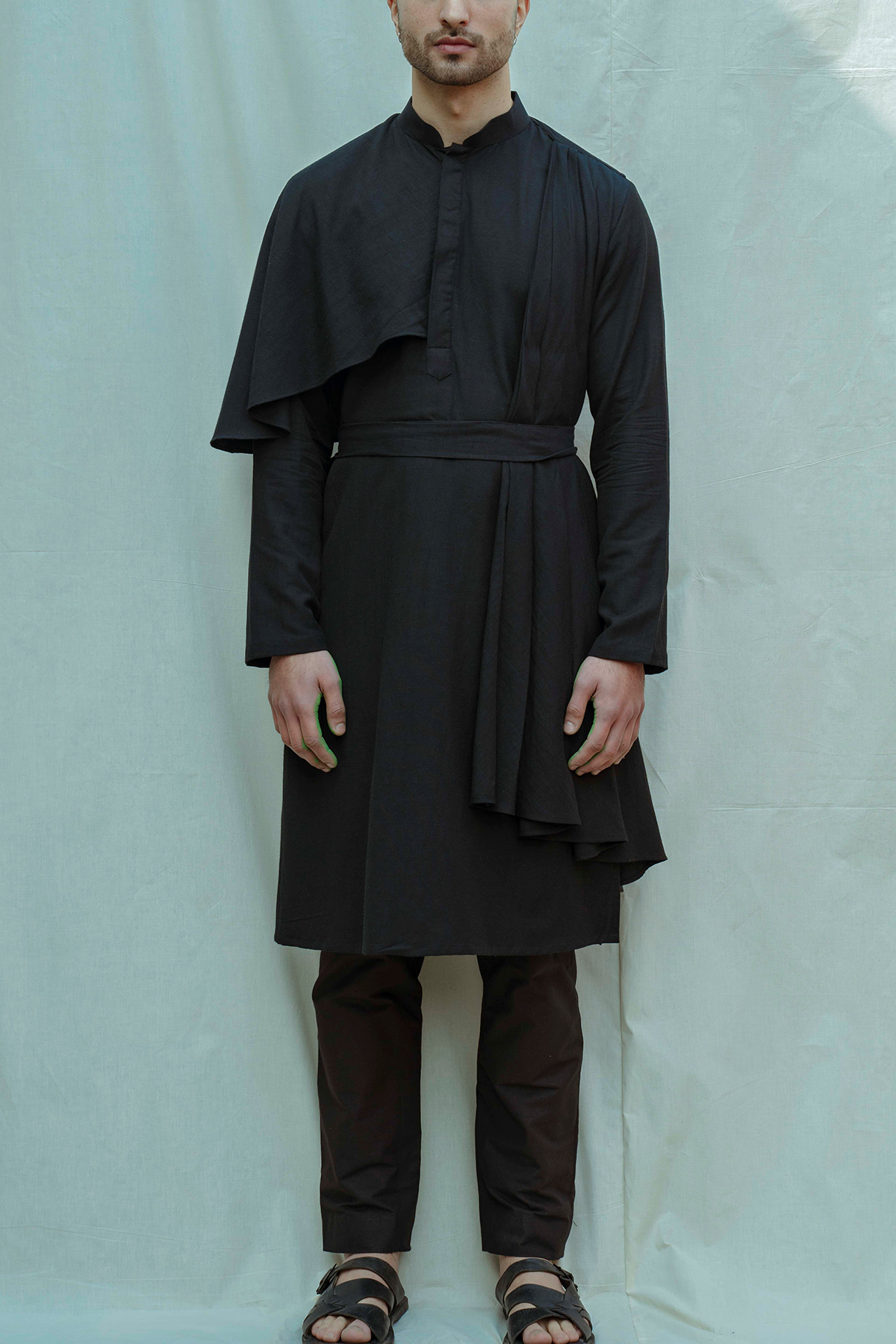 Cotton X Linen Black Cape Style Kurta Set-0