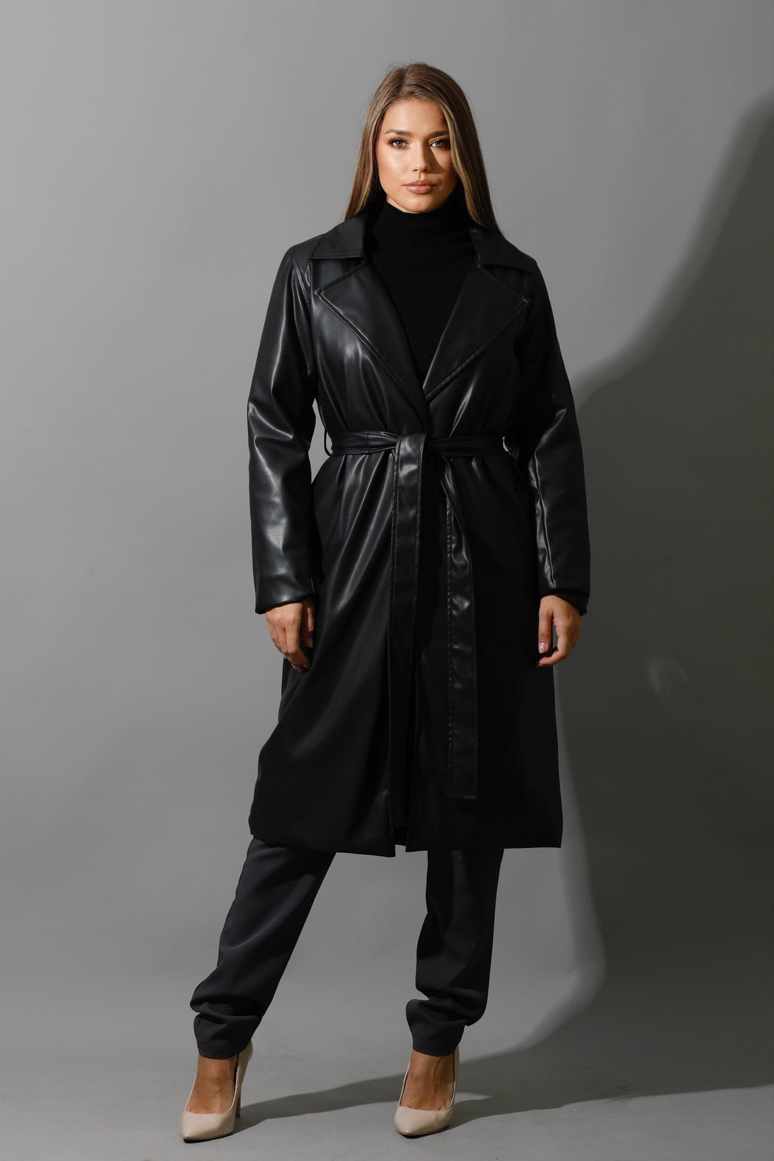 Leather Long Coat - Black-4