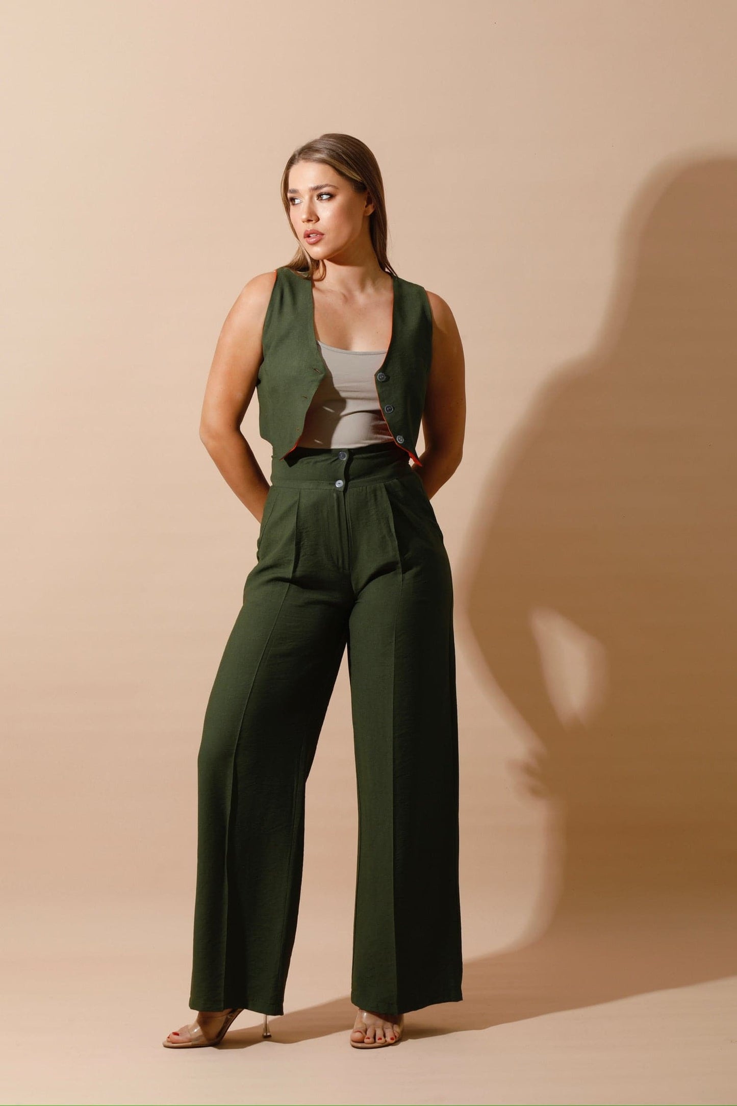 High Waist Linen-Blend Pants - Olive-1