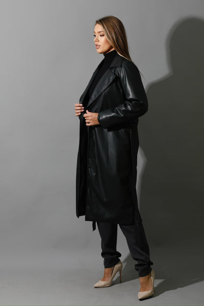 Leather Long Coat - Black-1