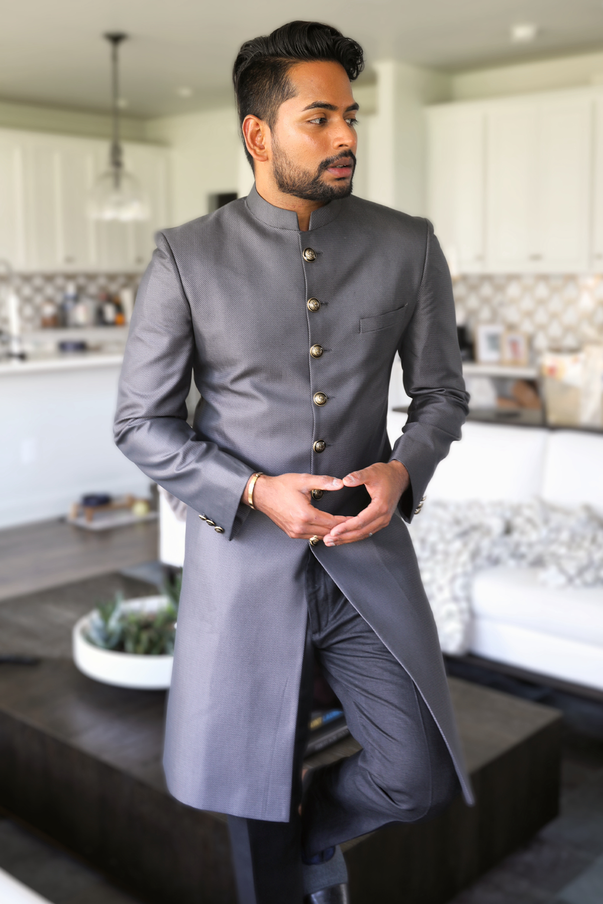 Aditya Madiraju In Our - Grey Self Textured Achkan set-0