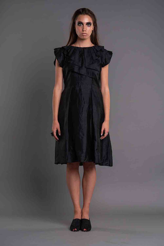 NECK PLEATED RUFFLED DRESS-0