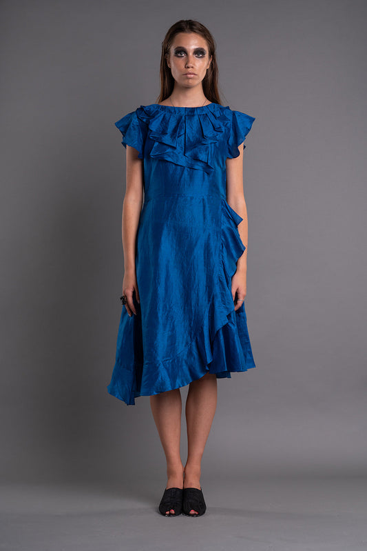 NECK PLEATED HIGH LOW RUFFLE DRESS-0