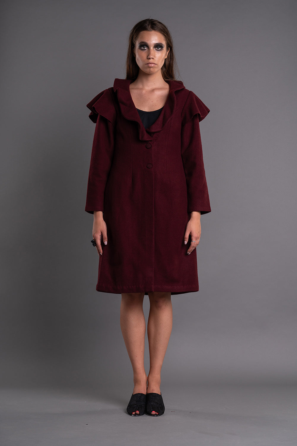 SHAWL COLLAR RUFFLE COAT-0