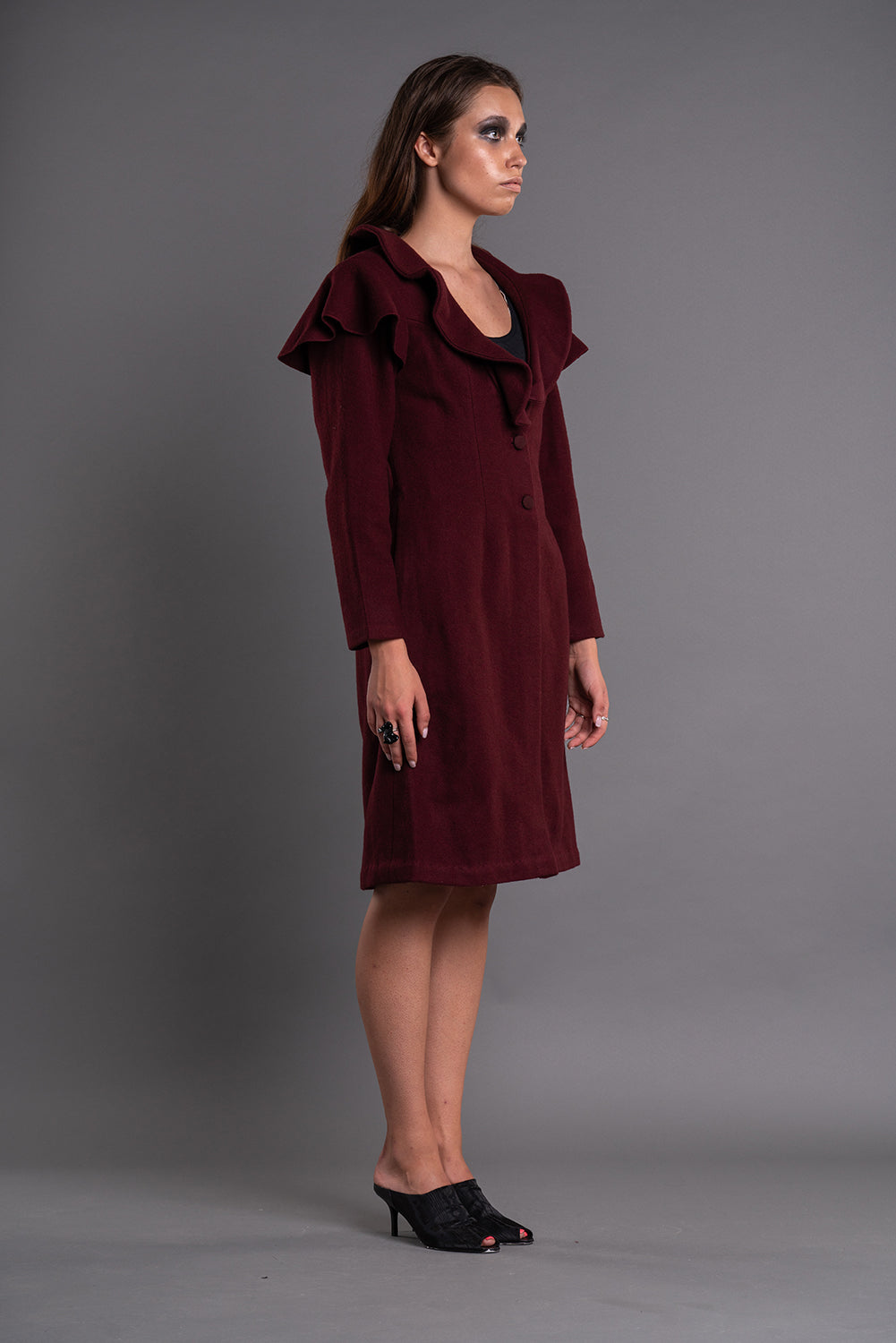 SHAWL COLLAR RUFFLE COAT-1