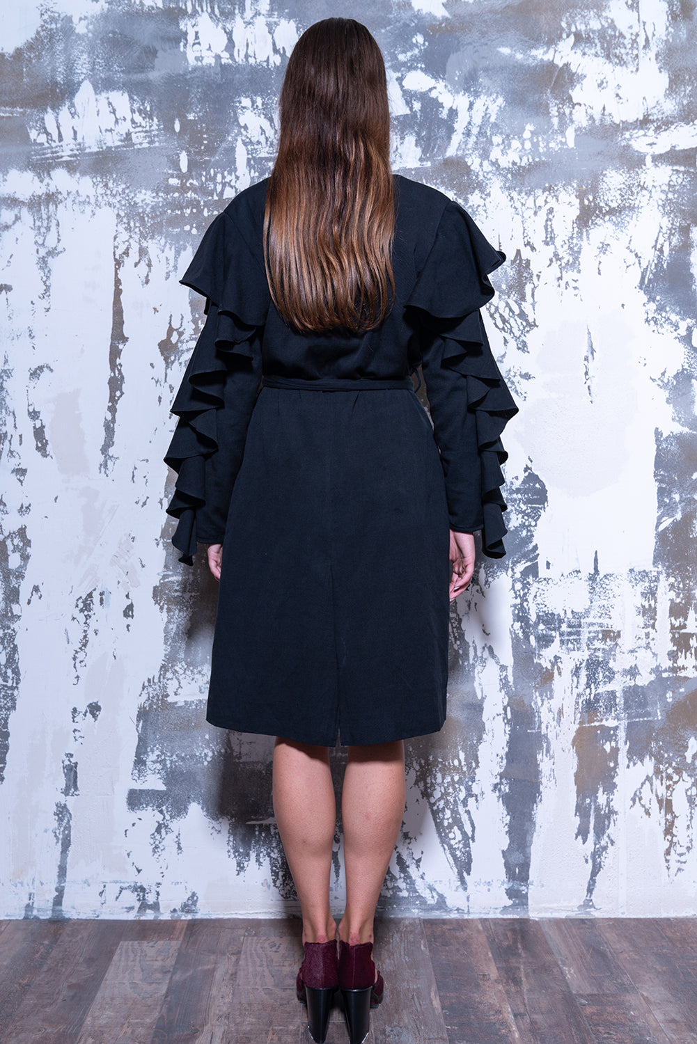 Belted Double Ruffled Sleeve Jacket Dress-2