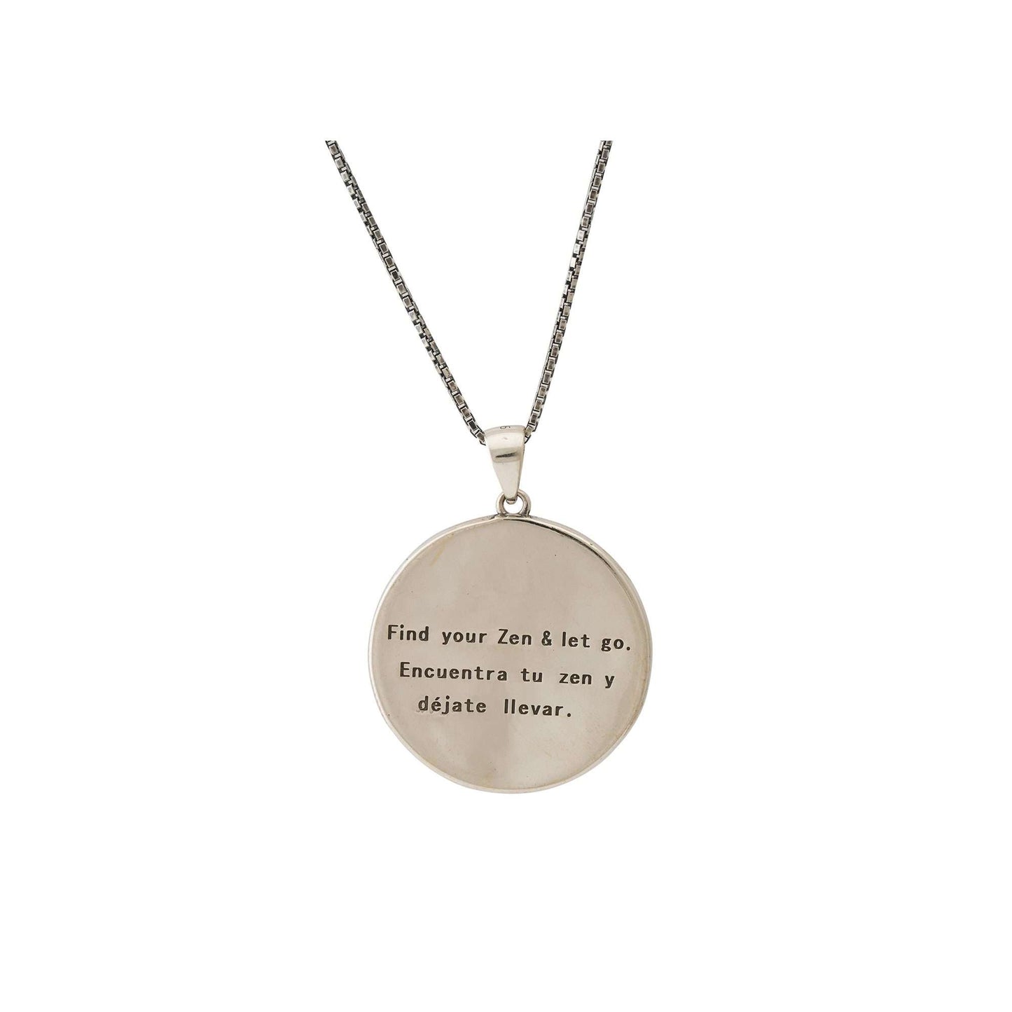 Delicate necklace with "Find Your Zen & Let Go" engraved.